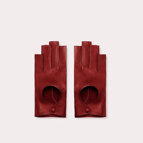 Red leather fingerless driver gloves by Seymoure Gloves. Red fingerless gloves.